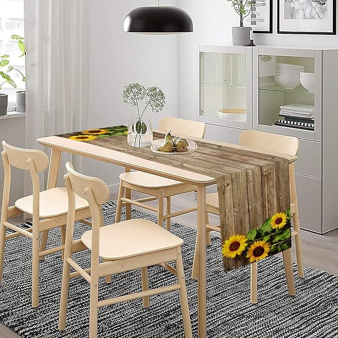 Sunflower Floral Table Runner, Country Farmhouse Vintage Spring Flower Rustic Wooden Plank Kitchen Dining Table Decoration for Indoor Outdoor Home Party Decor, 13x90inch