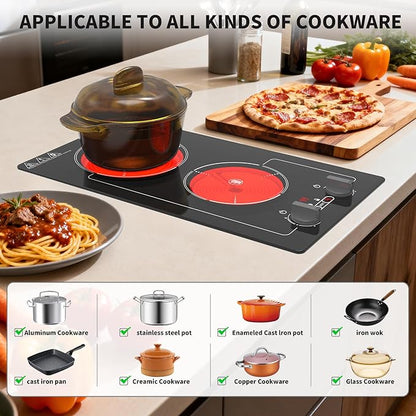 Electric Cooktop,110V 2100W Stove top,9 Power Levels, Kids Lock & Timer, Hot Surface Indicator, Overheat Protection,knob and touch control 2 burner Electric cooktop