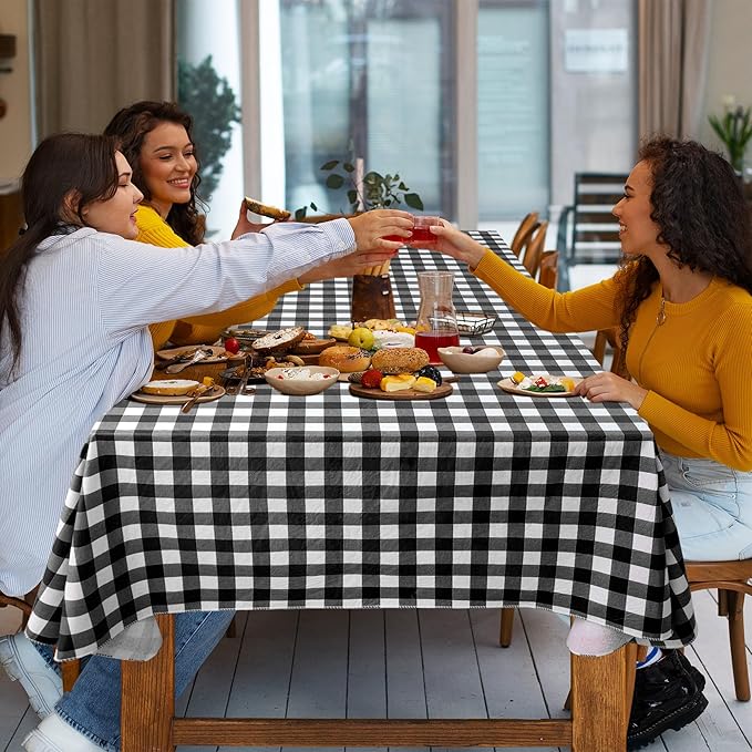 Nasitos 2 Pack Rectangle Vinyl Table Cloth with Flannel Backing 60x120 Inch-Waterproof Outdoor Picnic Tablecloth Checkered, Wipeable Plastic Black and White Table Cover for Dinner Party, Kitchen