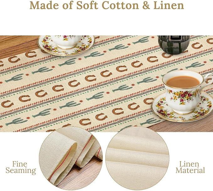 Western Table Runner,Vintage Farmhouse Country Cowboy Horseshoe Cactus Print Table Runner for Kitchen Dining Table Holiday Home Party Decor 13x60in