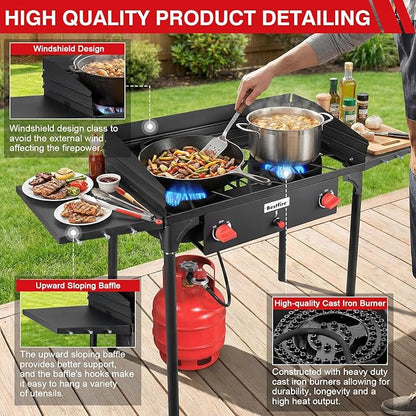 Bestfire 2 Burner Camping Stove with Windpanel& Side Shelves, Bag, Auto Ignition Button,Regulator,150,000 BTU Camping Stove Propane Burner With Removable Legs for Outdoor BBQ&Backyard