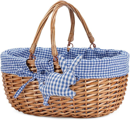 G GOOD GAIN Wicker Picnic Basket with Double Folding Handles,Willow Picnic Hamper,Natural Hand Woven Easter Basket,Easter Eggs and Candy Basket,Bath Storage,Gift Packing Basket.Blue