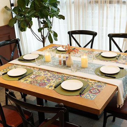 Round Faux Leather Placemats Set of 4 – 13 Inch Vinyl Table Mats, Heat Resistant, Non Slip, Wipeable & Washable, Easy to Clean Dining Table Decor for Kitchen & Dining Room（Olive Green）
