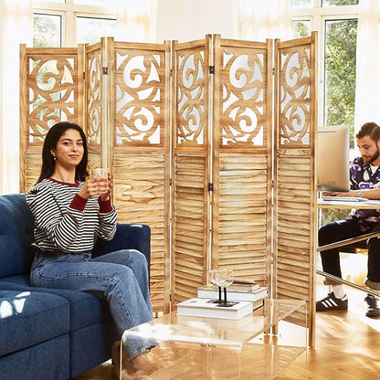 Room Divider Wood Carved Wall Divider Indoor Folding Portable Partition Screen for Home Office Garden Terrace - 6 Panel, 67 * 90inch (Wood)