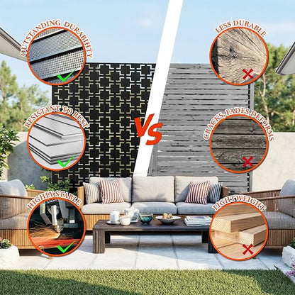 GarveeLife Metal Privacy Screen 72" h x 47" w, Outdoor Privacy Screens and Panels, Freestanding Decorative Fence for Patio Lawn Garden Deck Balcony, 3-Panel with Stand for Outdoor & Indoor Use