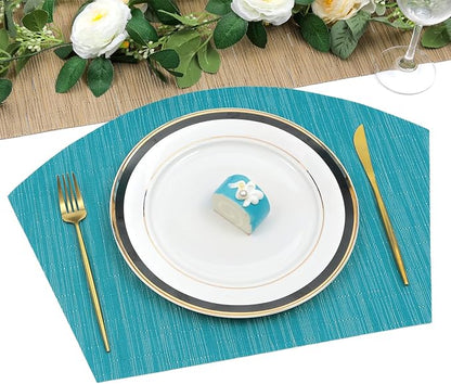 SHACOS Large Size Wedge Placemats with Centerpiece Set of 5, PVC Woven Vinyl Place Mats for Round Table Washable Indoor Outdoor Table Placemats, Blue