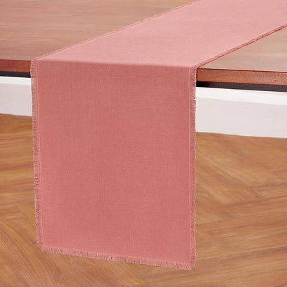 Solino Home Linen Dusty Rose Table Runner 120 Inches Long - Fringe, 100% Pure Linen 14 x 120 Inch Table Runner for Valentines, Spring, Easter