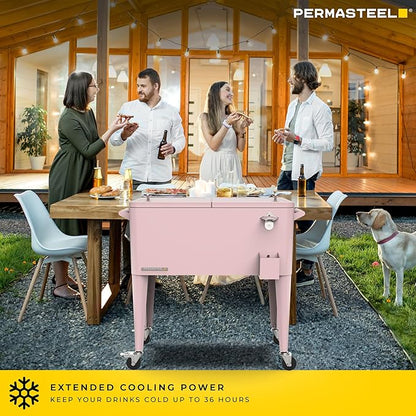 Permasteel 80 Quart Party Cooler, Rolling Ice Chest with Wheels and Handles for Indoor Outdoor Patio