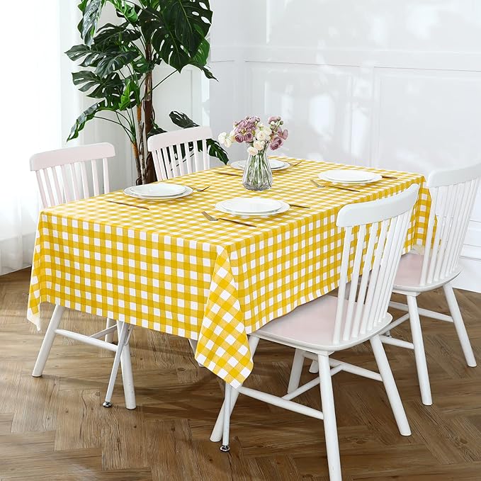 Romanstile Rectangle Vinyl Tablecloth, 100% Waterproof Buffalo Gingham Plastic Table Cloth, Heavy Duty Wipeable Checkered Table Covers for Outdoor, Camping, Picnic, Patio - 54 x 108, Yellow and White