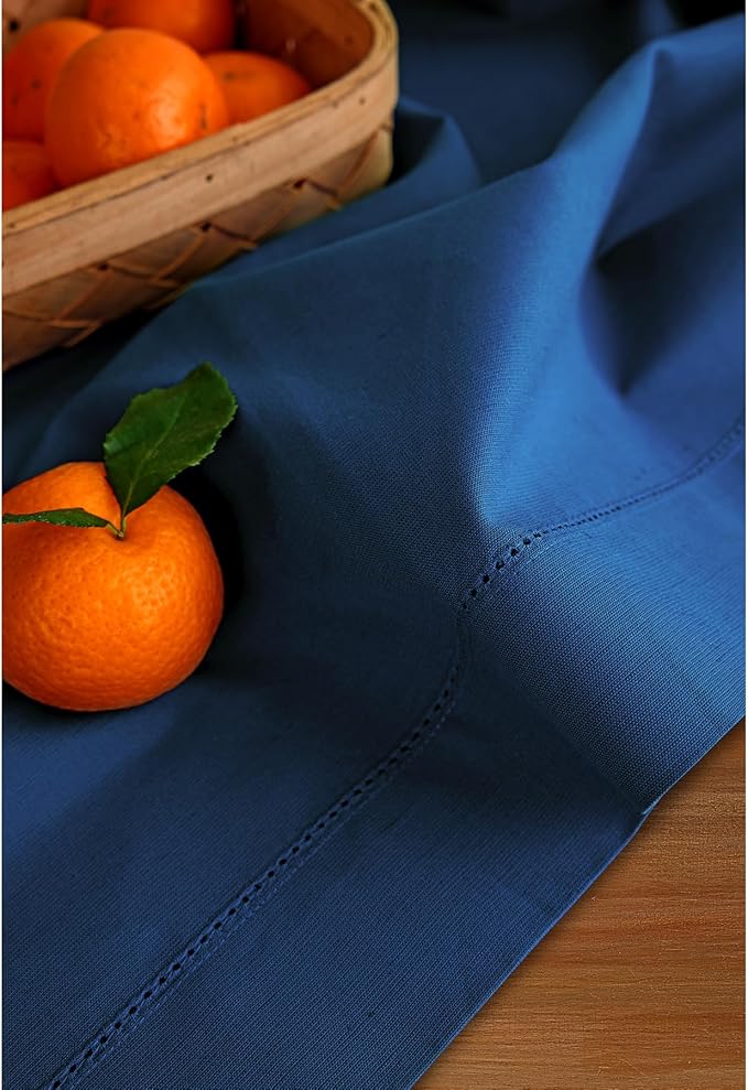 Solino Home Table Runner 90 Inches Long - Cotton Linen Hemstitch Lapis Blue Table Runner 14 x 90 Inch for Winter