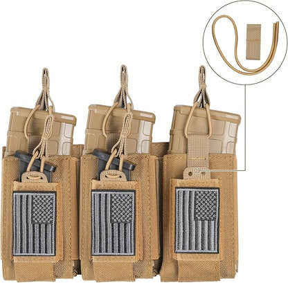 Open-Top Single/Double/Triple Molle Mag Pouch for 5.56mm M4 M16 AK AR Glock M1911 9mm Elastic Rifle Magazines Pistol Mag Pouches Holder Carrier with USA Flag Patch