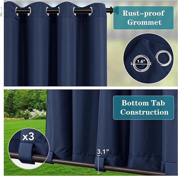 HolidayIdeas Outdoor Curtains for Patio Waterproof-4 Panels Windproof Weatherproof Privacy Curtains-Grommet Top and Tab Bottom Drape for Gazebo, Porch, Pergola, Cabana, Backyard 54x95 Inch Navy