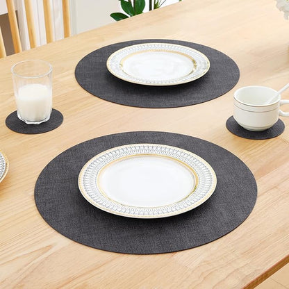 Homaxy Round Faux Leather Placemats and Coasters, Washable Dual-Side Table Mats, Wipeable Heat-Resistant Dining Place Mats for Outdoor and Indoor, Set of 8, Diameter 13 and 3.93 inch, Dark Grey