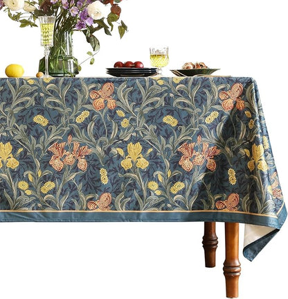 patdrea Designer Vintage Dark Blue Linen Rectangle Tablecloth,French Rustic Floral Pattern Tablecloths,Decorative Table Cover Cloth for Kitchen,Dining,Tea Party,Home,Christmas,63"*87"