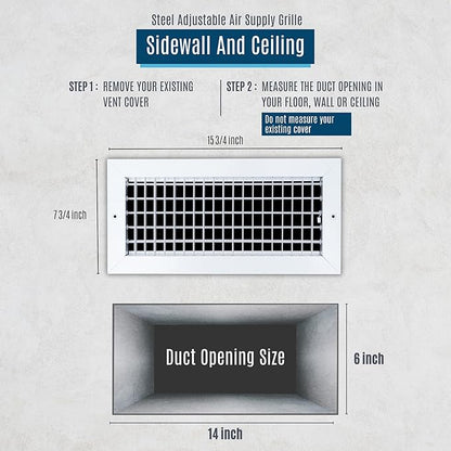 [4 Pack] Fits 14x6 Duct Opening Steel Adjustable Air Supply Grille by Handua | Register Vent Cover Grill for Sidewall and Ceiling | White | Out. Dim.: 15.75" X 7.75"