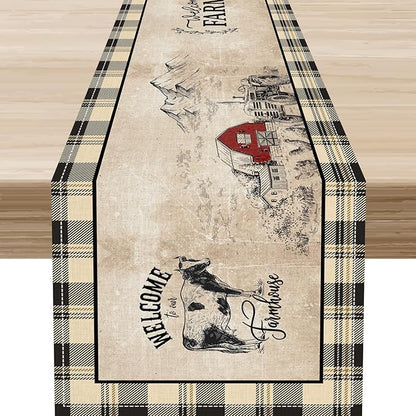 Farmhouse Table Runner, Rustic Country Barn Cottage Rooster Cow Check Animal Coffee Table Center Decor for Home Kitchen Dining Patio Holiday Party Indoor Outdoor Table Decorations 13"x72"