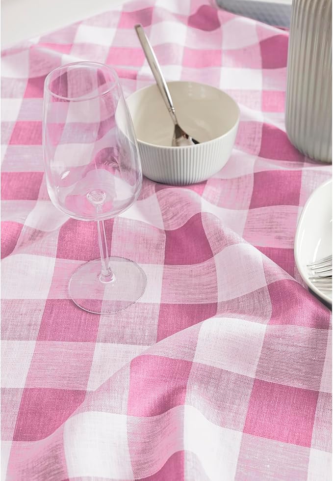 Solino Home Linen Checkered Table Runner 120 Inches Long - 100% Pure Linen Pink Begonia Buffalo Check Table Runner 14 x 120 Inch Ideal for Dining, Valentines, Spring, Easter