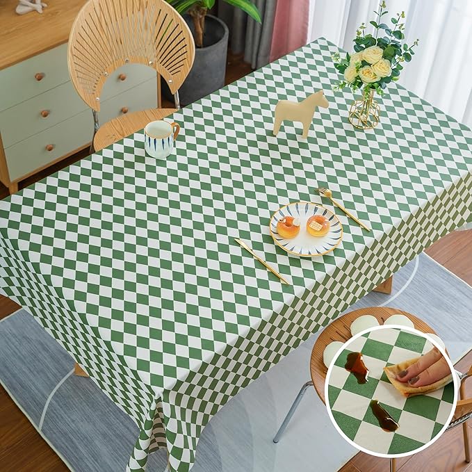 Rectangle Table Cloth,100% Waterproof Tablecloth Oil Proof Spill Proof Vinyl Table Cloth, Wipe Clean Plastic Table Cover for Dining, Camping, Indoor and Outdoor 54" x 84",Green Checkered