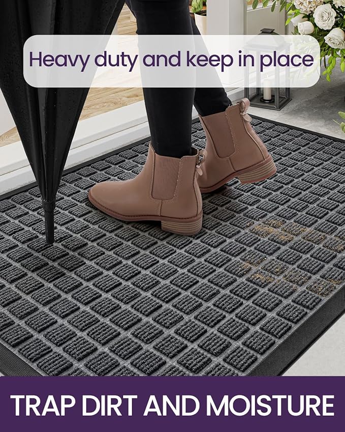 DEXI Front Door Mat Outside Entrance, 17x29 Rubber Entry Doormat Heavy Duty, Welcome Mats Non Slip for Inside House Floor Entryway Double Doors Exterior Patio, Checkered Grey