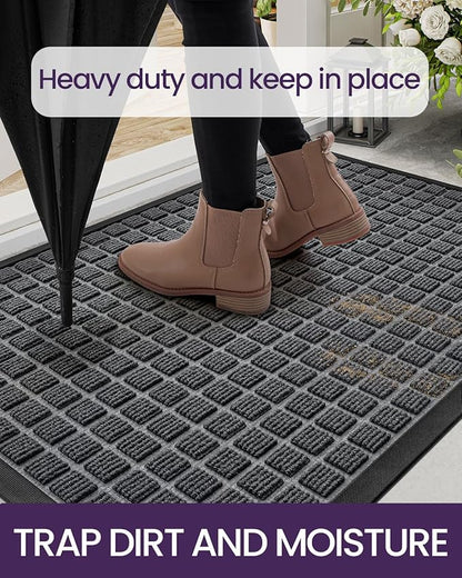 DEXI Front Door Mat Outside Entrance, 17x29 Rubber Entry Doormat Heavy Duty, Welcome Mats Non Slip for Inside House Floor Entryway Double Doors Exterior Patio, Checkered Grey