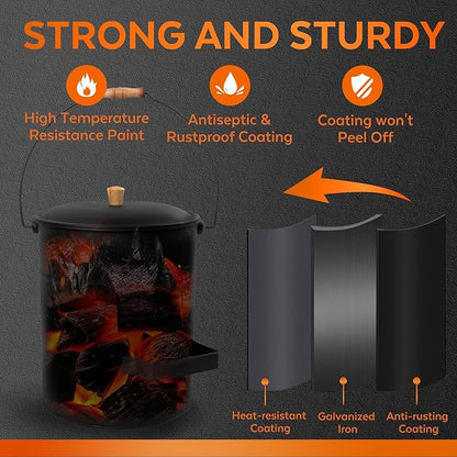 4 Gallon Ash Bucket with Lid and Shovel, Metal Fireplace Ash Bucket with Broom, Complete Fireplace Tools Set for Wood Stove and Fireplace