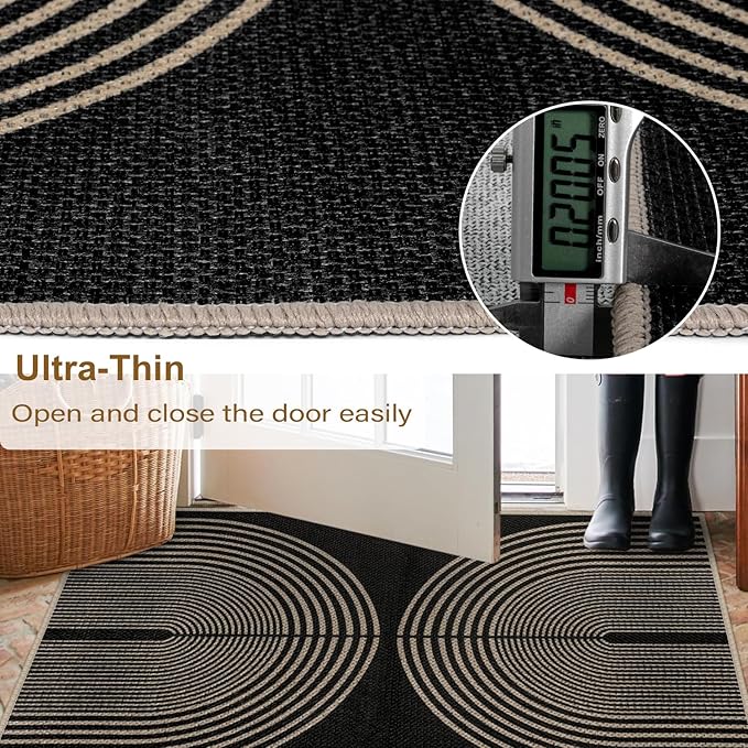 Easy Jute Rainbow Runner Rug, 2.6x8 Black Washable Rugs Runner for Hallway Non-Slip Boho Farmhouse Kitchen Runner Rug, Modern Abstract Indoor Outdoor Carpet for Porch Laundry Entryway
