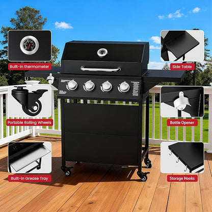 4-Burner Propane Gas BBQ Grill, 40,000 BTU Output Stainless Steel Barbecue Grill with Side Tables & Wheels for Backyard,Camping and Outdoor Cooking (Black)