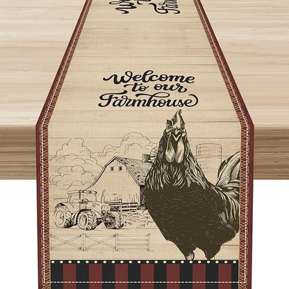 Rustic Farmhouse Table Runner, Vintage Barn Cottage Rooster Retro Farm Country Chicken Wooden Plank Coffee Table Center Decor for Home Kitchen Dining Patio Holiday Party Table Decorations 13"x108"