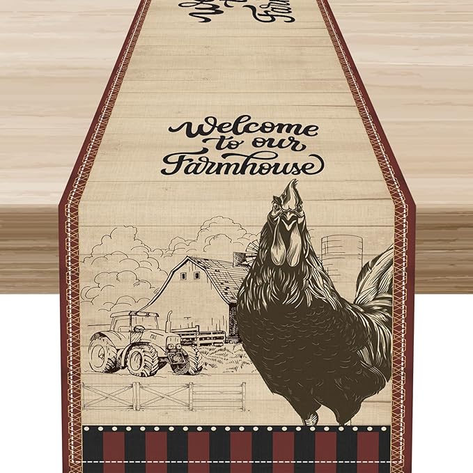 Rustic Farmhouse Table Runner, Vintage Barn Cottage Rooster Retro Farm Country Chicken Wooden Plank Coffee Table Center Decor for Home Kitchen Dining Patio Holiday Party Table Decorations 13"x90"