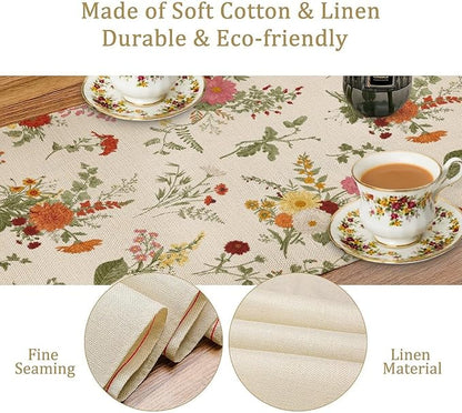 Vintage Flower Table Runner, Rustic Farmhouse Retro Garden Botanical Plants Herbs Wildflower Print Table Runner for Kitchen Dining Room Wedding Party Decor, 13x70inch