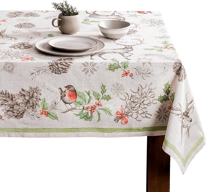 Maison d' Hermine Table Cloth Rectangle Table 100% Cotton 54 x 72 Inches Fall Tablecloth Reusable Everyday Use for Thanksgiving Christmas Decorations Dining Farmhouse Party (Christmas Dew)