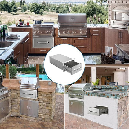 Outdoor Kitchen Drawers 14"Wx8.5"Hx23"D Flush Mount Access Single Drawer BBQ Stainless Steel Drawers with Handle for Outdoor Kitchen Island or Grill Station