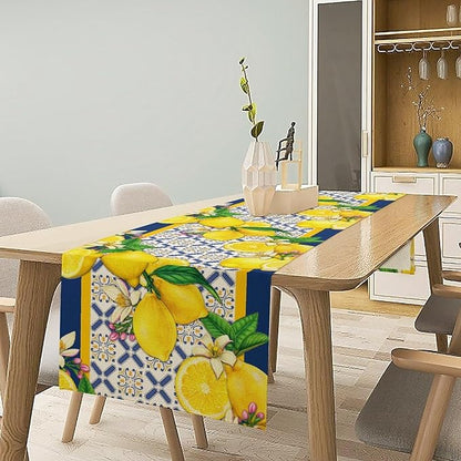 Yellow Lemon Table Runner, Spring Summer Seasonal Blue Tiles Watercolor Lemon Table Runner for Farmhouse Kitchen Indoor Outdoor Party Decor, 13x90inch