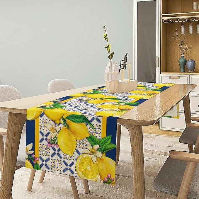 Yellow Lemon Table Runner, Spring Summer Seasonal Blue Tiles Watercolor Lemon Table Runner for Farmhouse Kitchen Indoor Outdoor Party Decor, 13x120inch