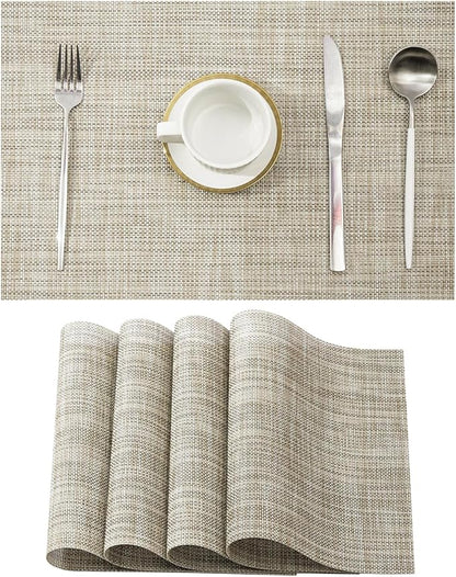 Leetaltree Linen Yellow Placemats Set of 4 - Heat Resistant Non-Slip Place mats for Dining Table, Washable Durable PVC Vinyl Woven Table Mats（Linen Yellow, 4）