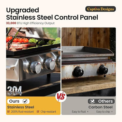 Sophia & William 22" Flat Top Grill with Lid & Ceramic Coated Cast Iron Pan, 3-Burner Portable Tabletop Gas Propane Griddle for Outdoor, BBQ, Camping & Tailgating Barbecue, 24,000 BTU