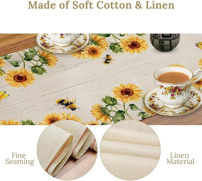 Sunflower Table Runner, Yellow Floral Flower Butterfly Country Rustic Table Runner for Outdoor Home Party Kitchen Dining Holiday 13x108in