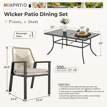 7 Pieces Outdoor Dining Set for 6, Patio Dining Set Wicker Rattan Chairs with Soft Cushion and Metal Rectangular Table, Wicker Patio Table and Chairs for Backyard Porch