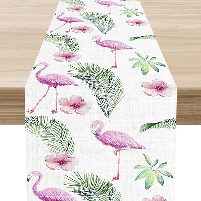 Flamingo Table Runner,Spring Summer Tropical Floral Green Palm Leaves Hawaiian Luau Watercolor Table Center Decor for Family Kitchen Living Room Farmhouse Party Table Decorations, 13"x36"