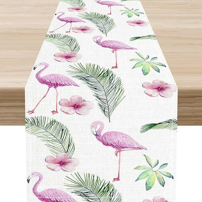 Flamingo Table Runner,Spring Summer Tropical Floral Green Palm Leaves Hawaiian Luau Watercolor Table Center Decor for Family Kitchen Living Room Farmhouse Party Table Decorations, 13"x36"