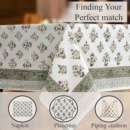 CPC Tablecloth 100% Cotton 70x118 Inch Indian Block Print Rectangle Table Cover, Table Cloth for Weddings, Spring/Summer, Barbeque -Forest Green