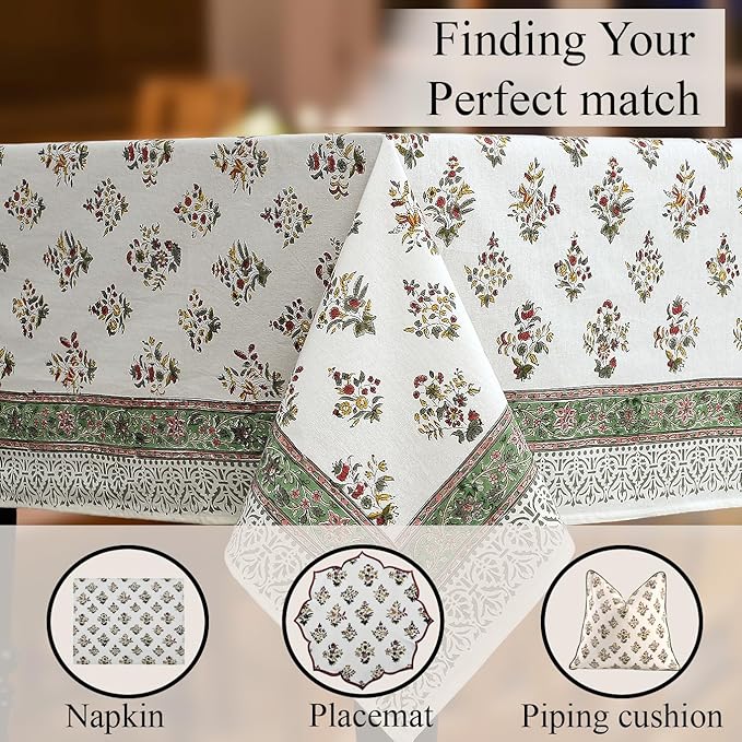 CPC Tablecloth 100% Cotton 60x90 Inch Indian Block Print Rectangle Table Cover, Washable Table Cloth for Weddings, Spring/Summer, Barbeque - Forest Green