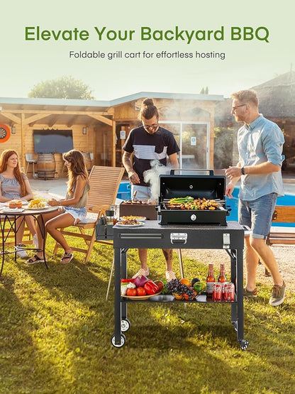 Grill Cart, Portable Outdoor Grill Table for Blackstone Griddle, Foldable Cart Table with Wheels, Griddle Stand with Paper Towel Holder, BBQ Prep Tables with Seasoning Tray
