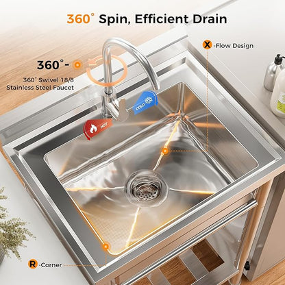 23"W Compact Utility Sink 18/8 Stainless Steel Portable Ergonomic Sinks with 4-Height Adjustable & 360° Swivel Faucet Laundry Room Kitchen Garage Outdoor BBQ RV Basement Hobby Room Bathroom