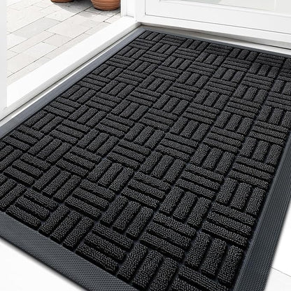OLANLY Front Door Mat Outside Entrance 29.5x17, Absorbent, Heavy Duty Sturdy Natural Rubber Doormat Indoor Outdoor, Stain and Fade Resistant, Non-Slip Backing Low Profile Floor Mat for Entryway, Black