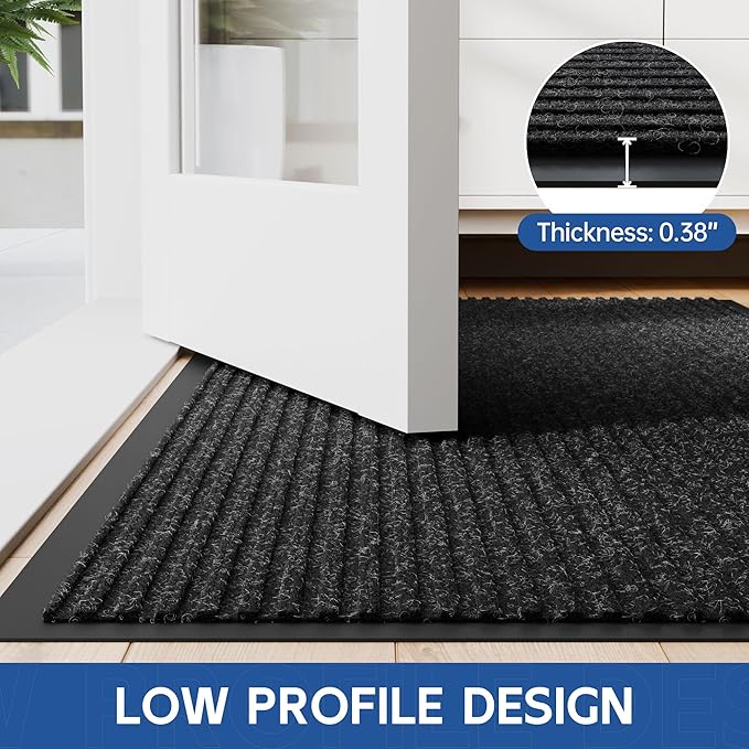 Front Door Mat, 4' x 2' Heavy Duty Indoor Outdoor Door Mat Entrance, Commercial Welcome Mats, Stain and Fade Resistant, Durable Rubber Backing, Low Profile Entry Mat for Patio, Black Stripe