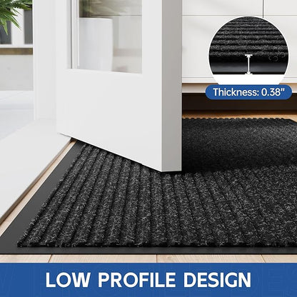 Front Door Mat, 4' x 2' Heavy Duty Indoor Outdoor Door Mat Entrance, Commercial Welcome Mats, Stain and Fade Resistant, Durable Rubber Backing, Low Profile Entry Mat for Patio, Black Stripe