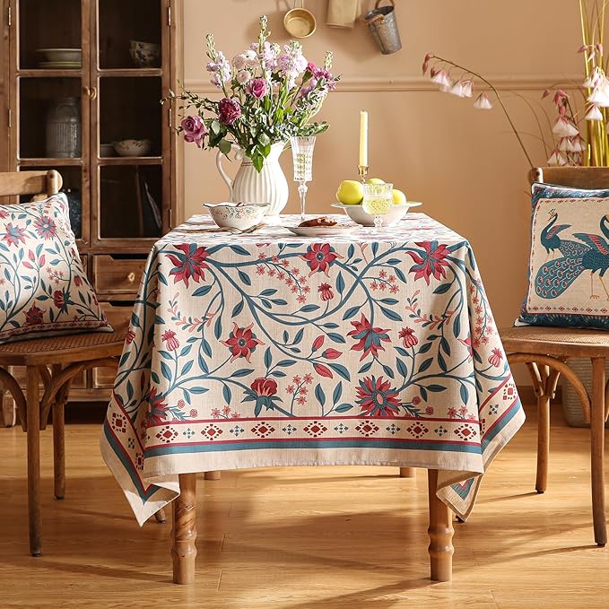 Designer Linen Rectangle Tablecloth,Vintage William Morris Wrinkle Resistant Floral Table Cloth,Decor Table Cover for Kitchen,Dining,Thanksgiving,Christmas,Party,63"*87"-Dorodango B