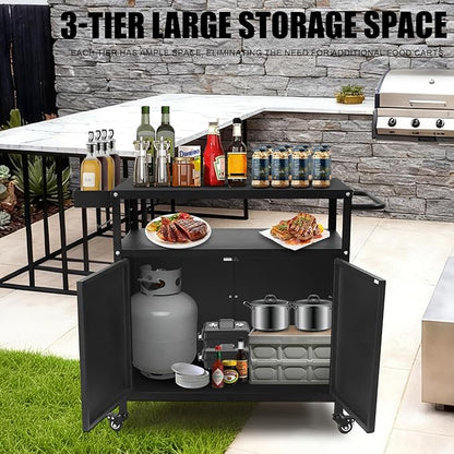 Grill Cart with Storage, Outdoor Bar Cart Rolling BBQ Cart Movable Pizza Oven Table Stand with Foldable Stainless Steel Top & Storage Cabinet, Black（34.6 x 17.7 x 34.6 Inch）