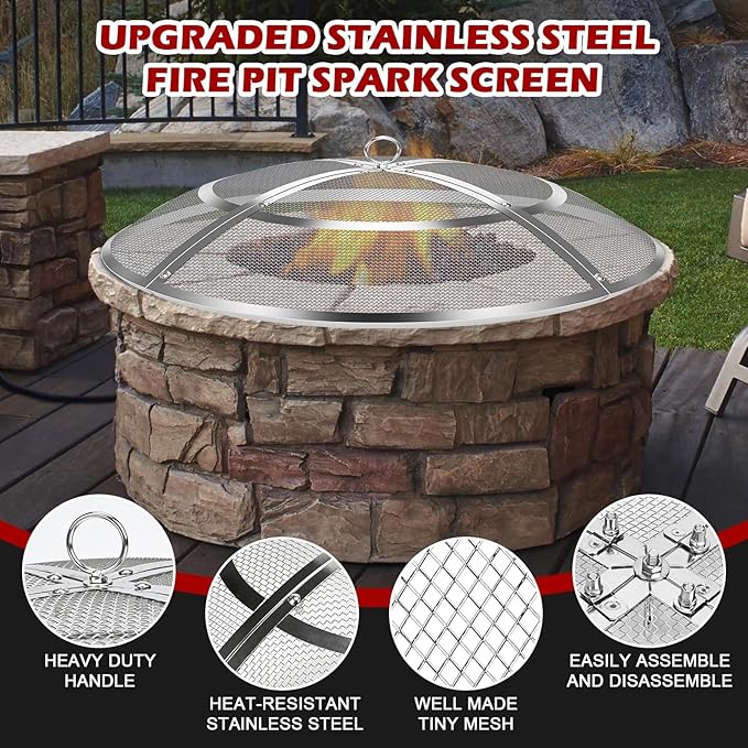 Fire Pit Spark Screen,40 Inch Fire Pit Screen Cover Stainless Steel Outdoor with Handle&Poker,Firepit Screens Cover Round Mesh Lid Heavy-Duty Steel Replacement for Backyard/Beach/RV Camping